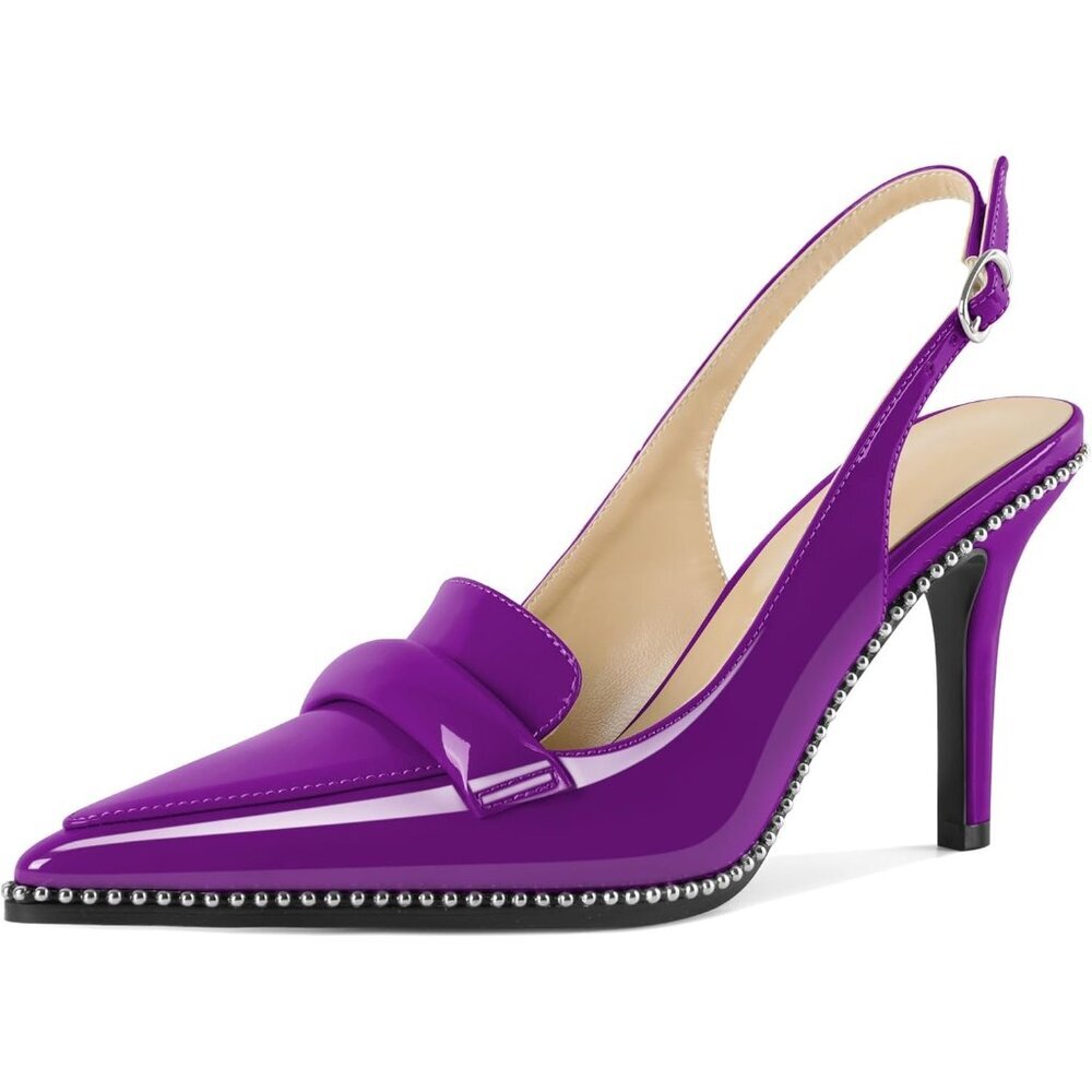Women Purple Stiletto Beaded Shoes Pointed Toe Slip On Loafers Slingback Heels
